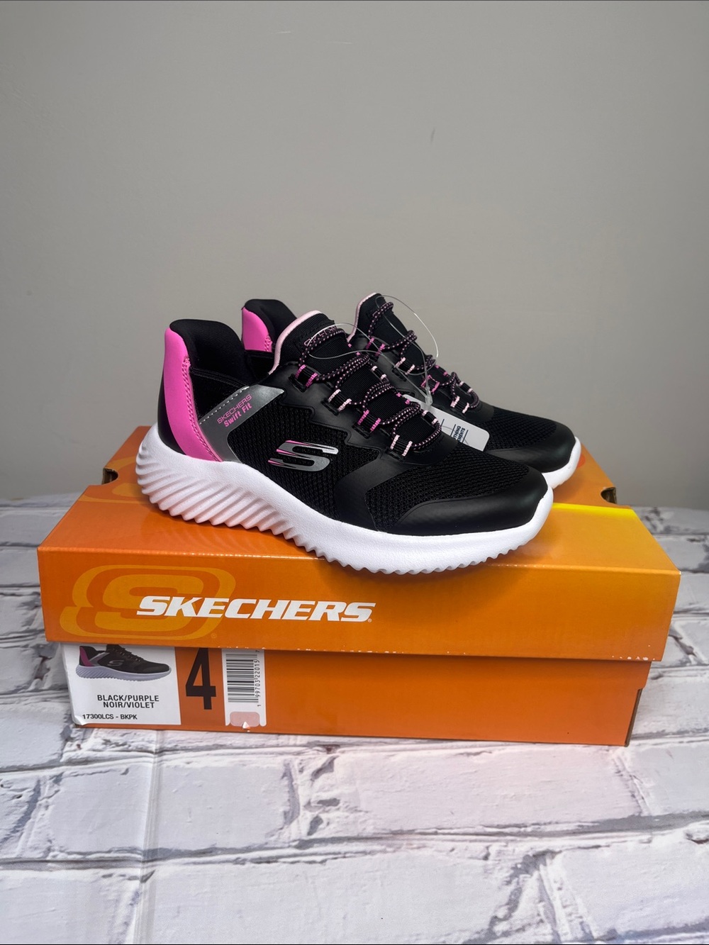 Skechers Girls Black and Pink Athletic Sneakers with White Sole